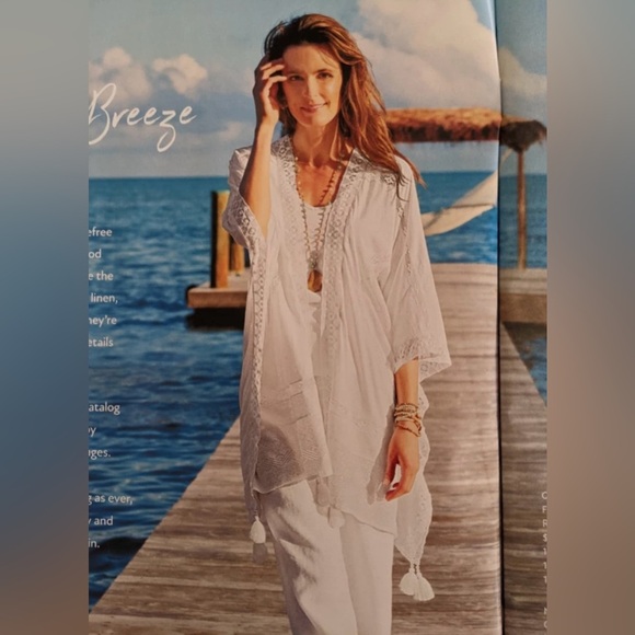 Soft Surroundings White Tasseled Kaftan Crochet Lace Open Cardigan Kimono S/M - Picture 2 of 8